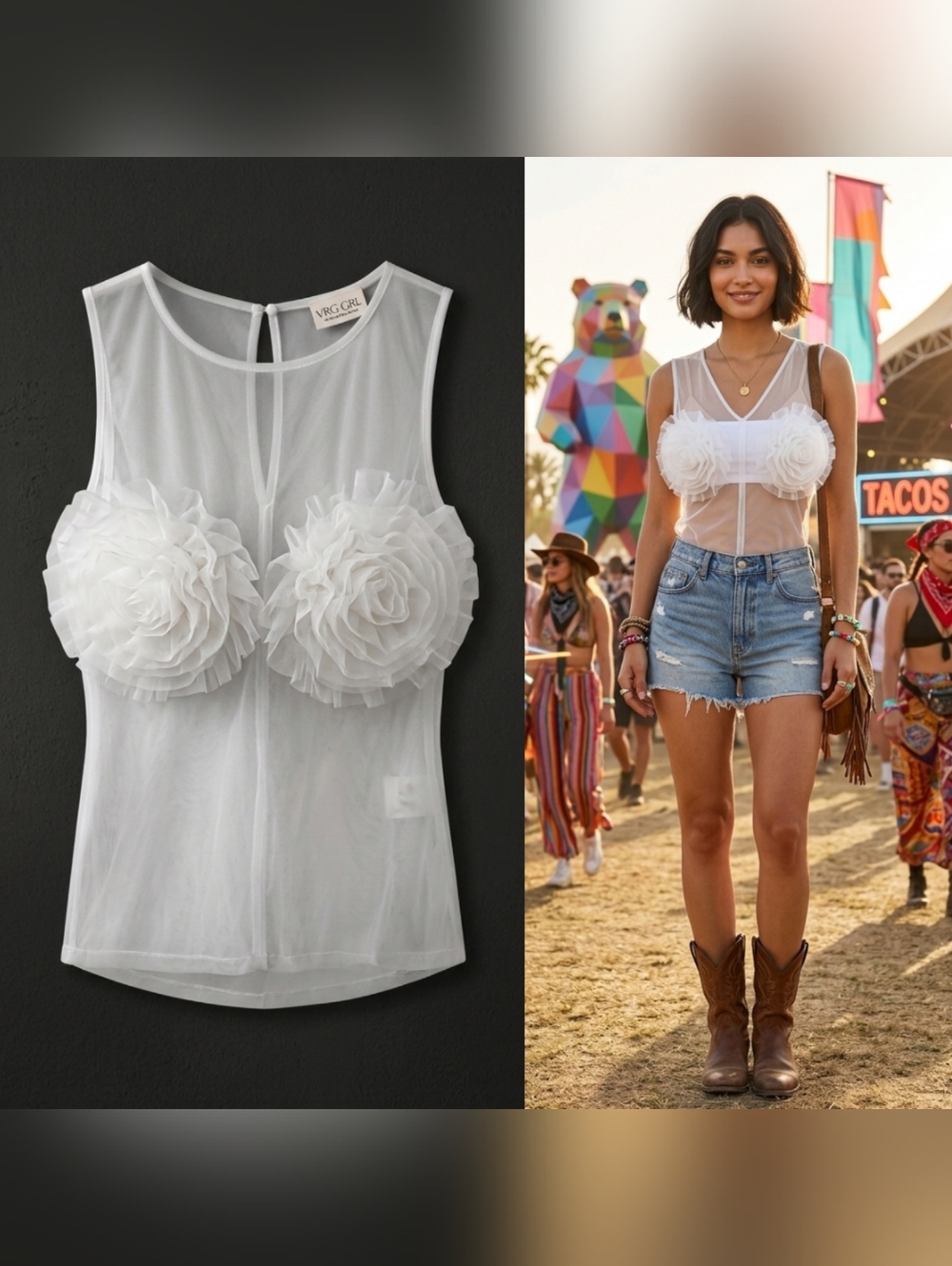 NWT VRG GRL White Tulle Sheer Mesh Tank Top - 3D Rosette Floral - Size 8